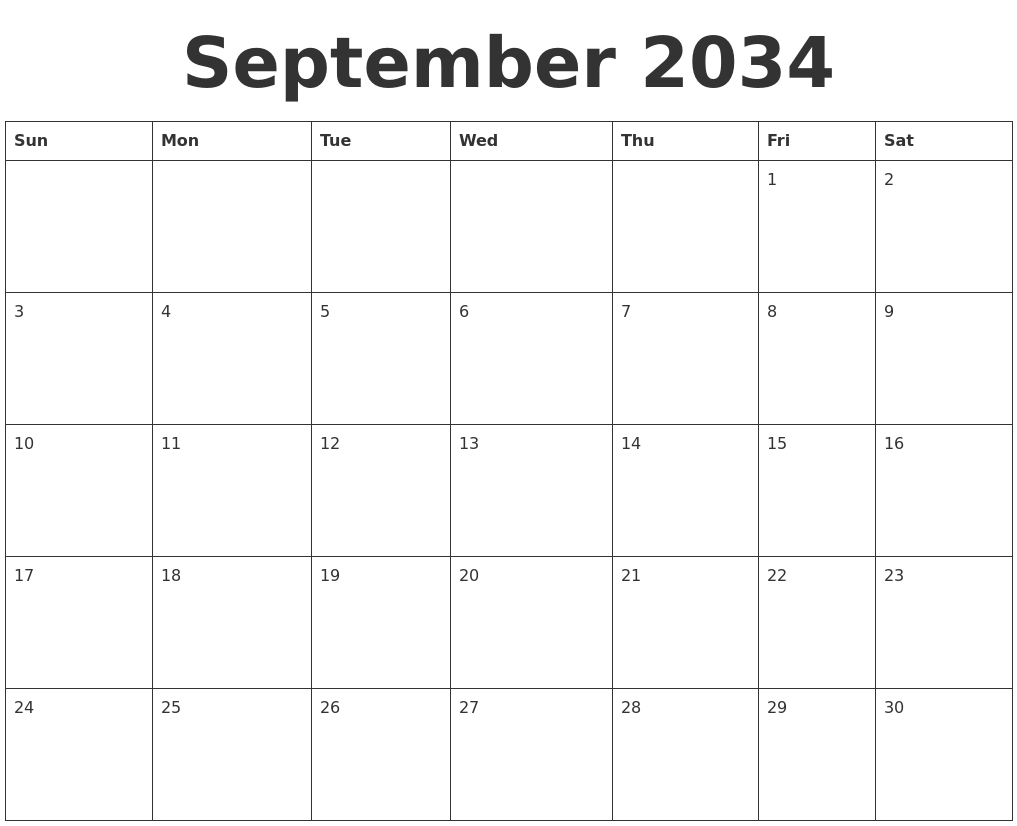 September 2034 Blank Calendar Template