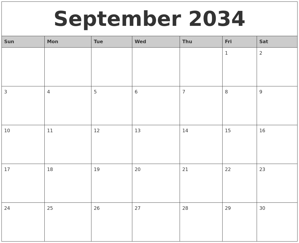 September 2034 Monthly Calendar Printable