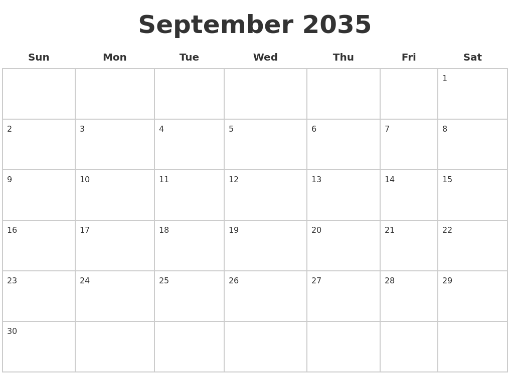 September 2035 Blank Calendar Pages