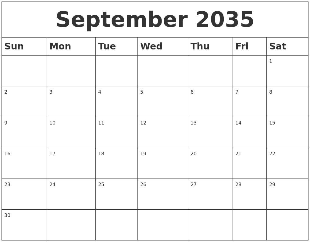 September 2035 Blank Calendar