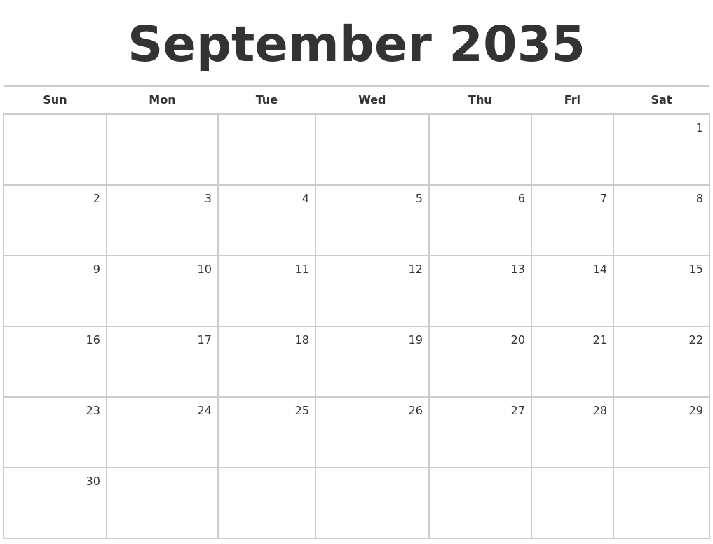 September 2035 Blank Monthly Calendar