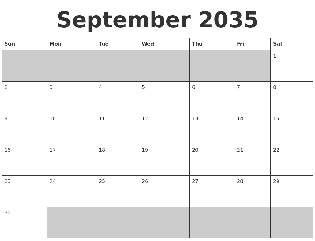 September 2035 Blank Printable Calendar