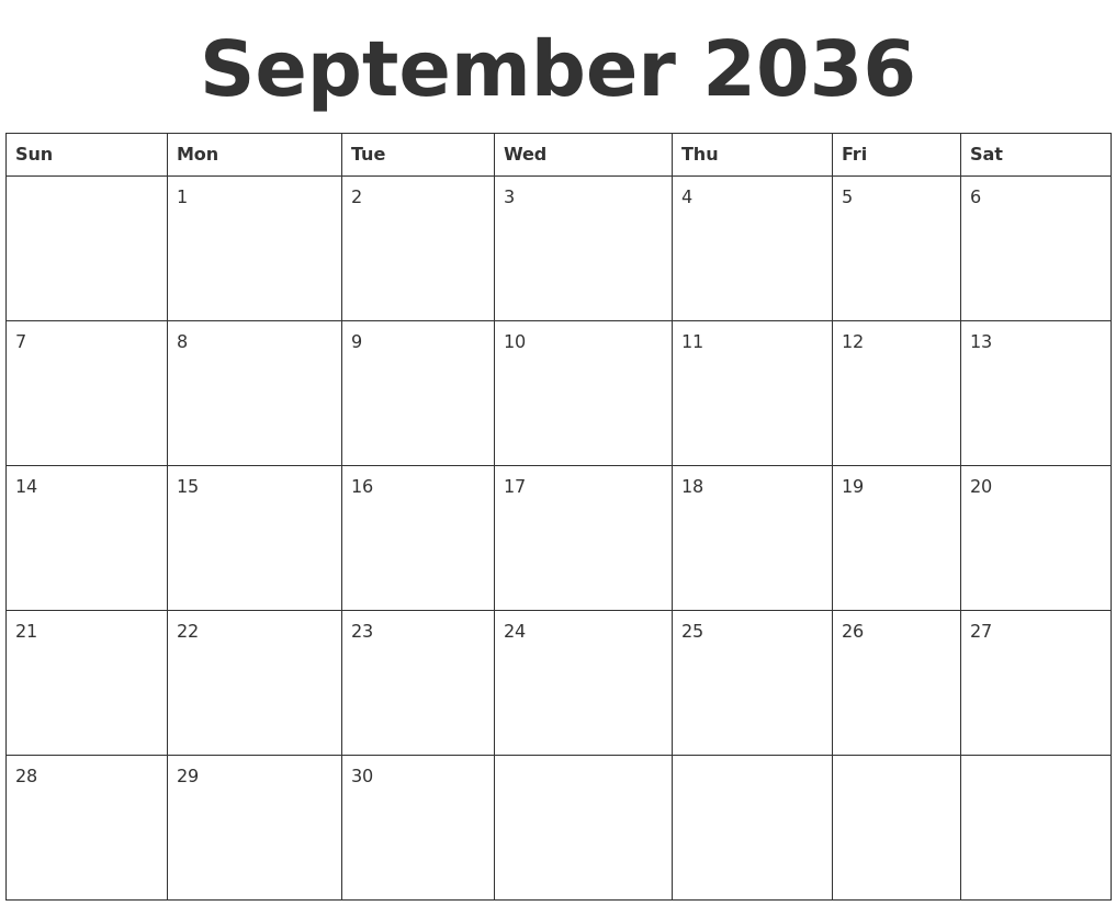 September 2036 Blank Calendar Template