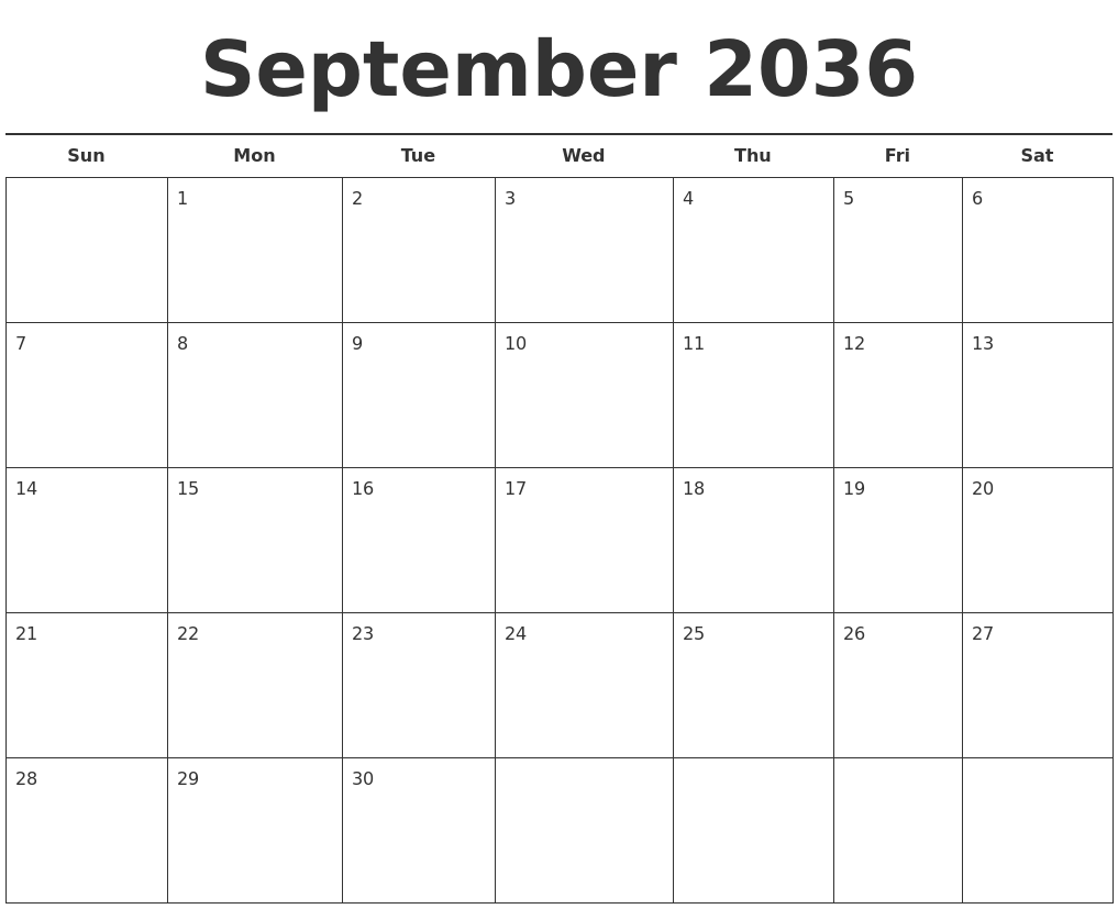 September 2036 Free Calendar Template