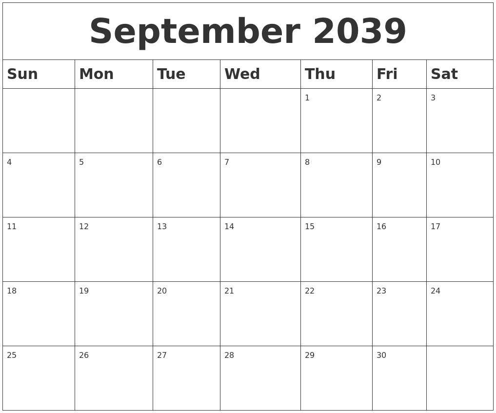 September 2039 Blank Calendar