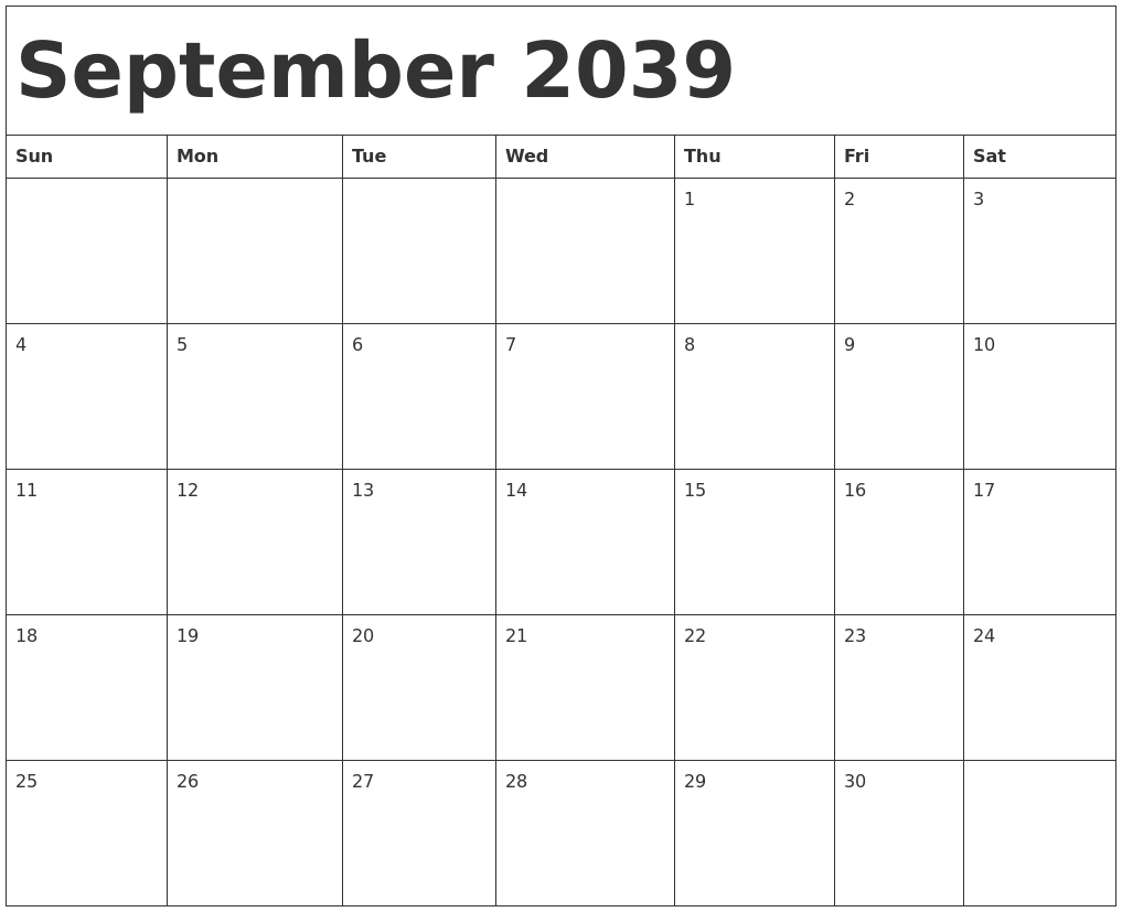 September 2039 Calendar Template