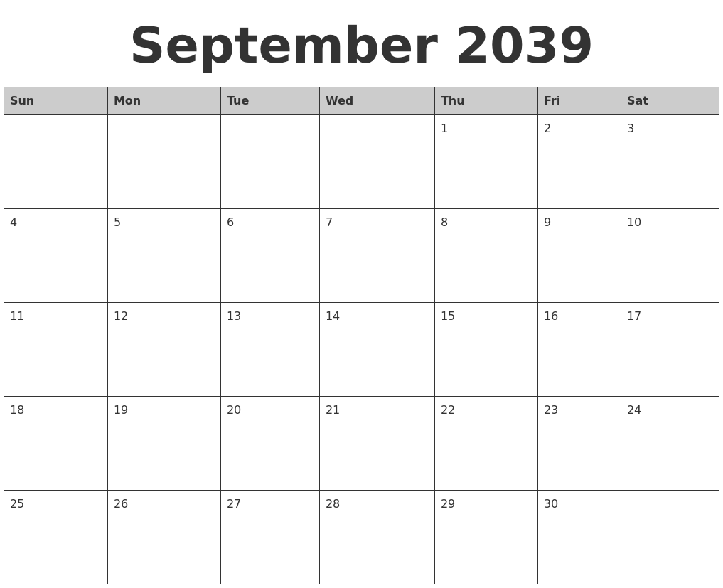 September 2039 Monthly Calendar Printable