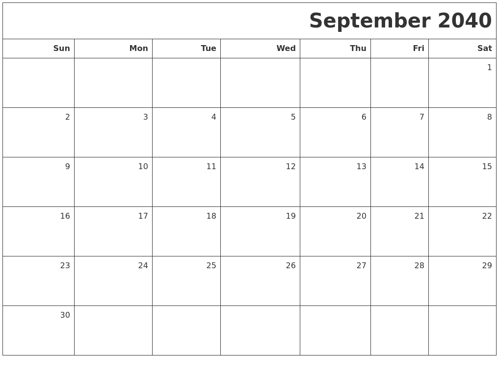 September 2040 Printable Blank Calendar