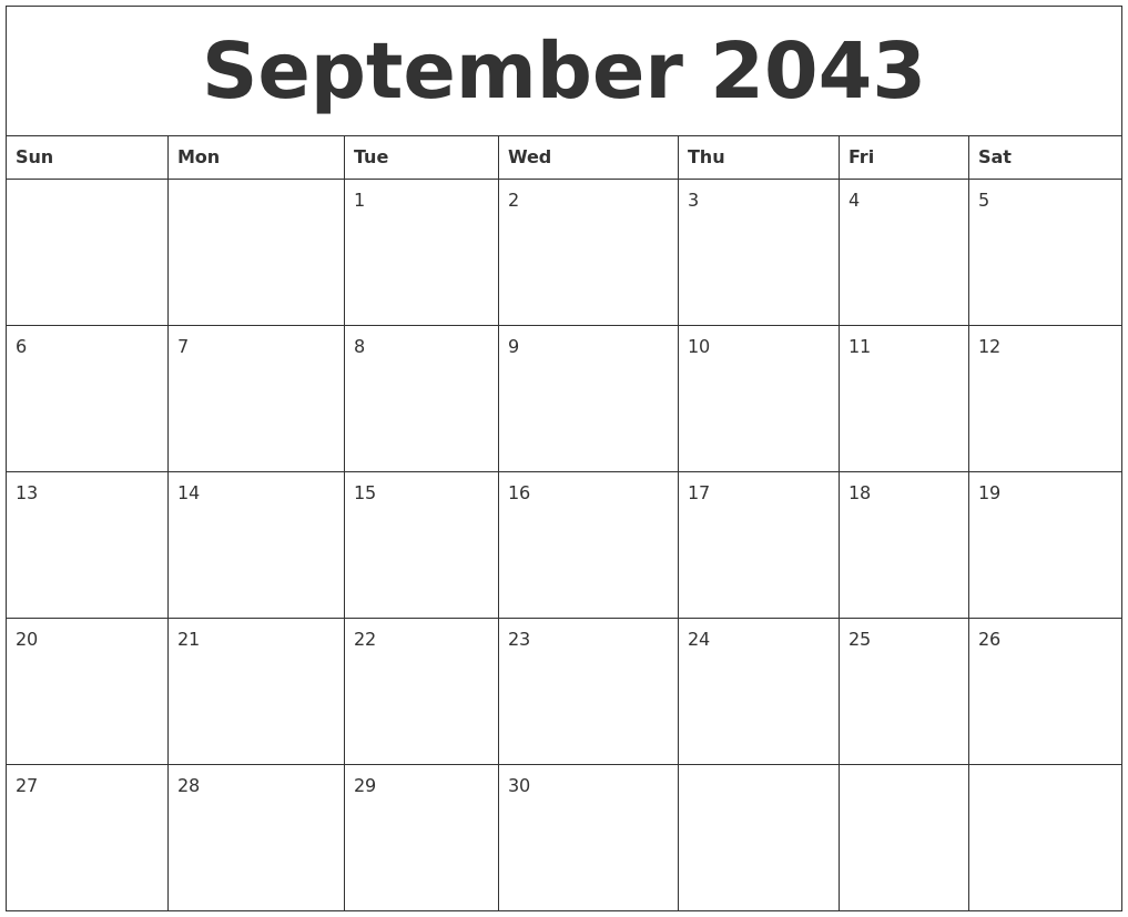 September 2043 Free Calendars To Print