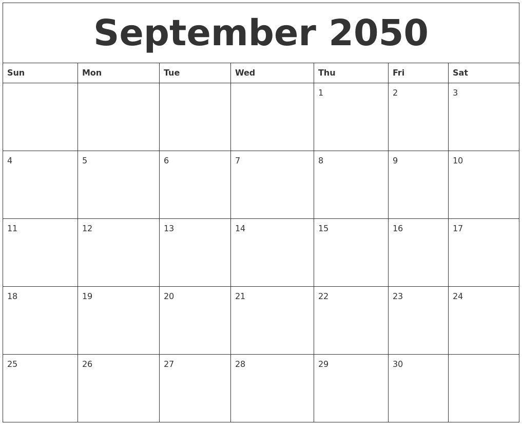 September 2050 Blank Printable Calendars