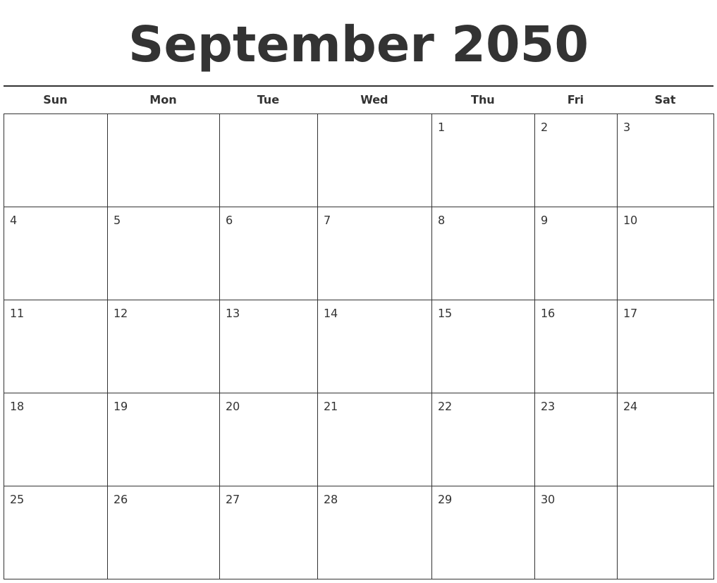 September 2050 Free Calendar Template