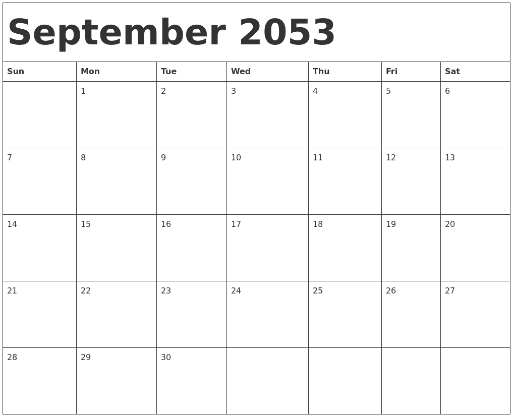 September 2053 Calendar Template September 2053 Calendar Template