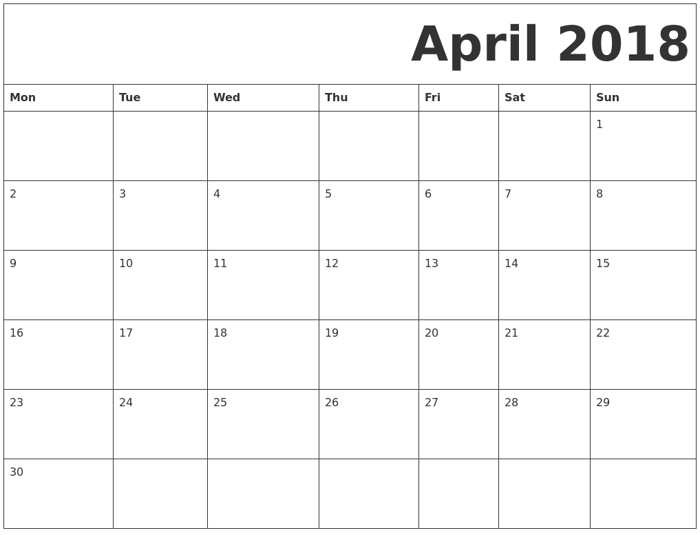 April 2018 free printable calendar