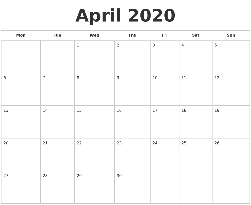 April 2020 Calendars Free - April 2020 Calendars Free Monday Start