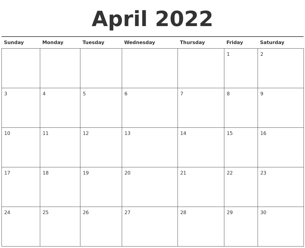 April 2022 Calendar Printable April 2022 Calendar Printable