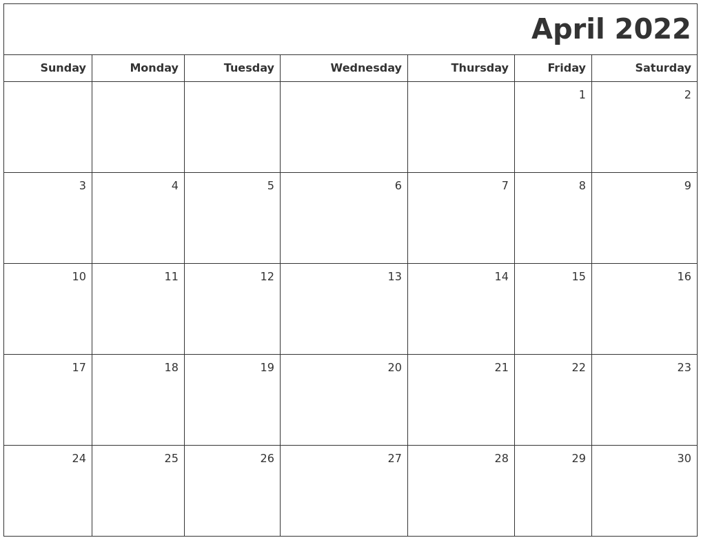 April 2022 printable blank calendar