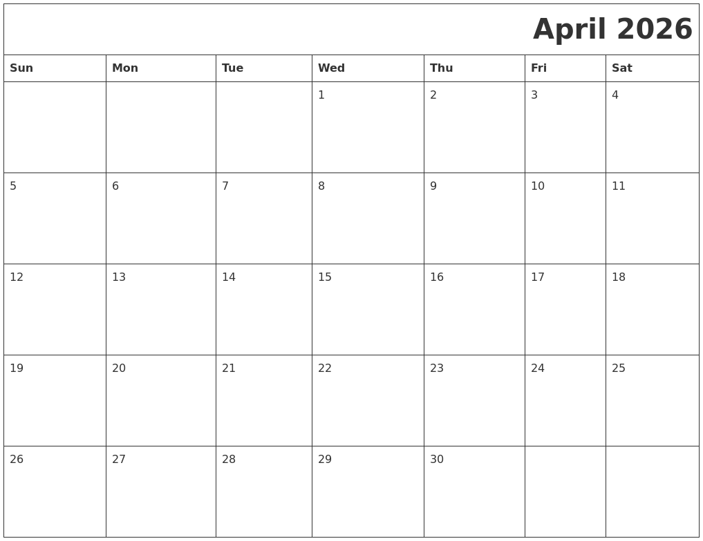 April 2026 Printable Calender