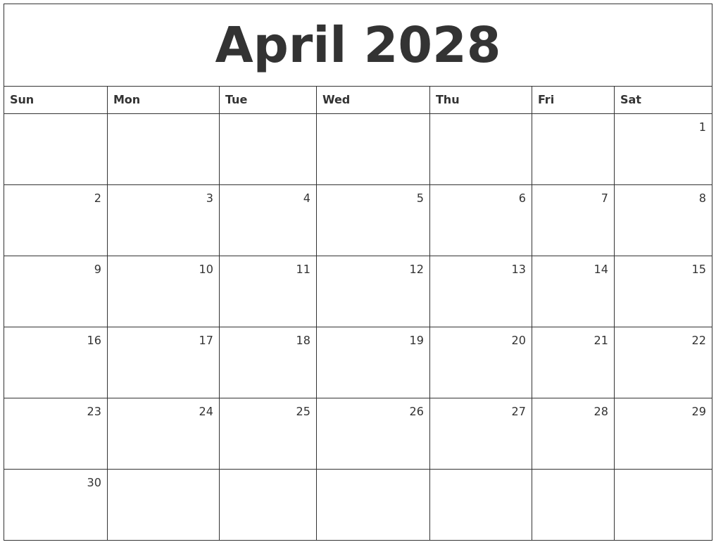 April 2028 Monthly Calendar