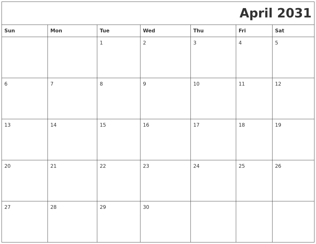 April 2031 Download Calendar