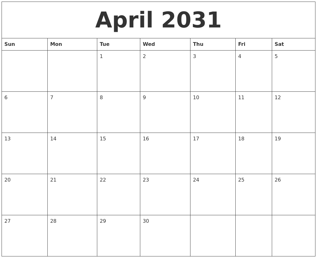April 2031 Free Monthly Calendar Template