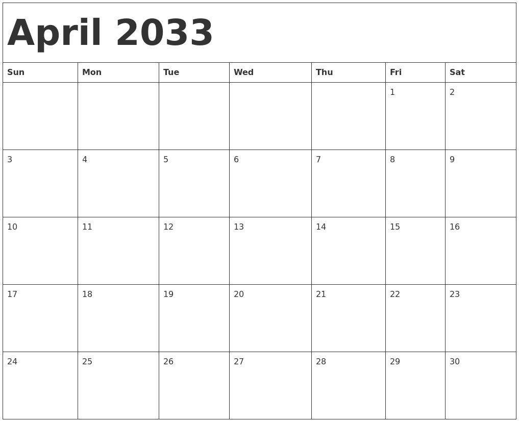 April 2033 Calendar Template