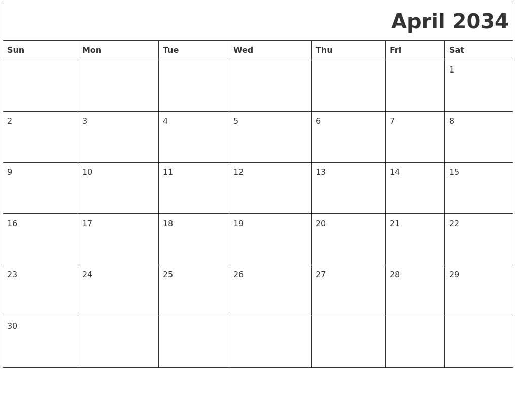 April 2034 Printable Calender