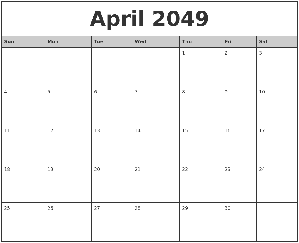April 2049 Monthly Calendar Printable