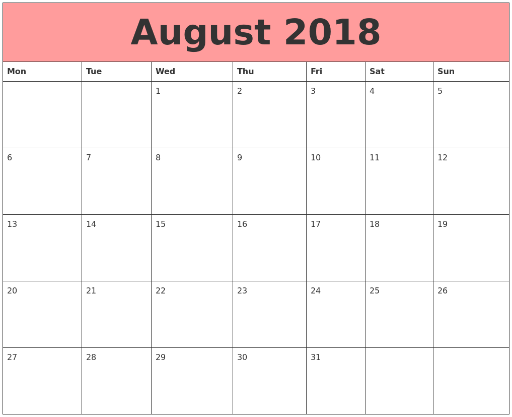 August 2018 calendars that work
