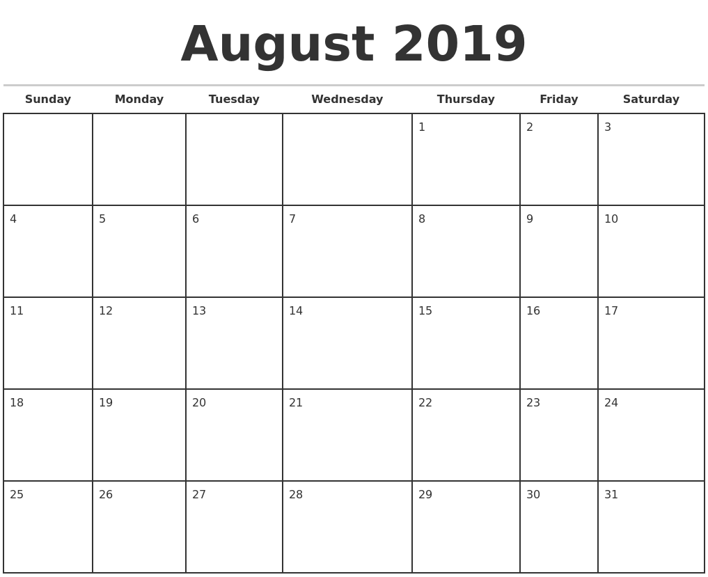 August 2019 monthly calendar template