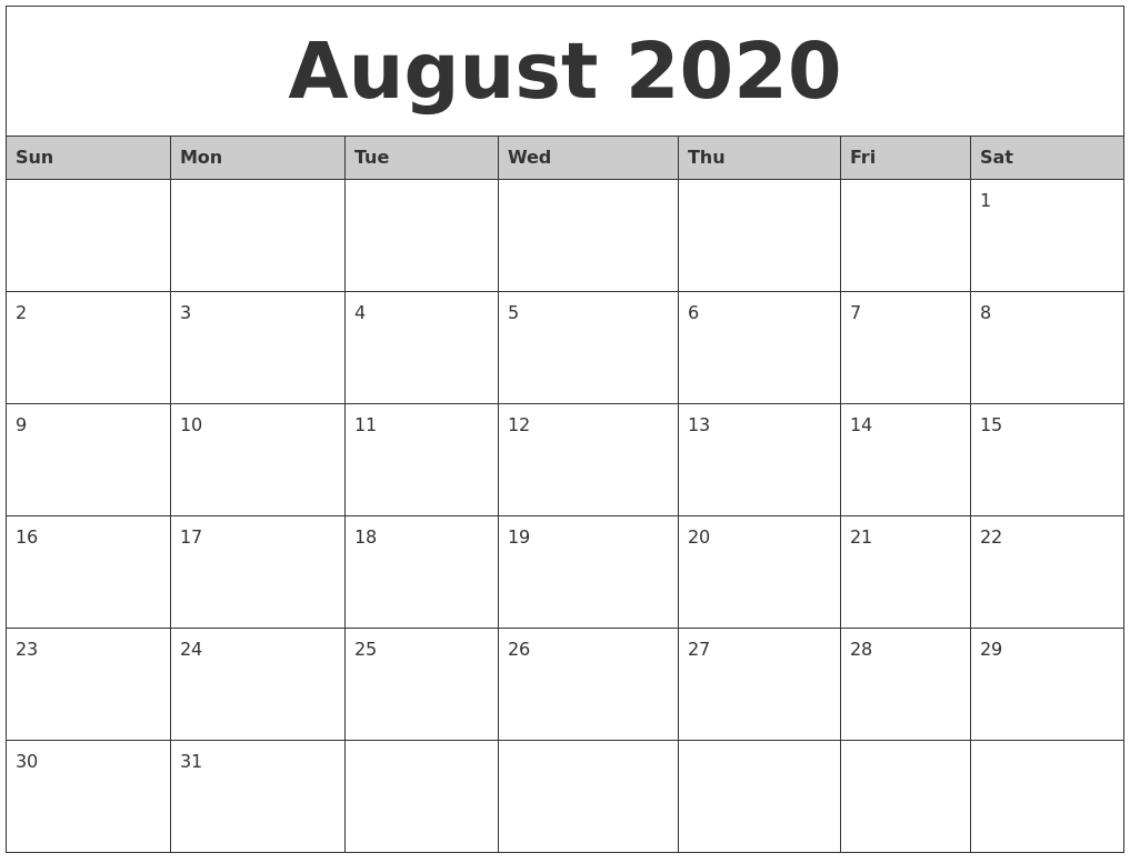 August 2020 monthly calendar printable