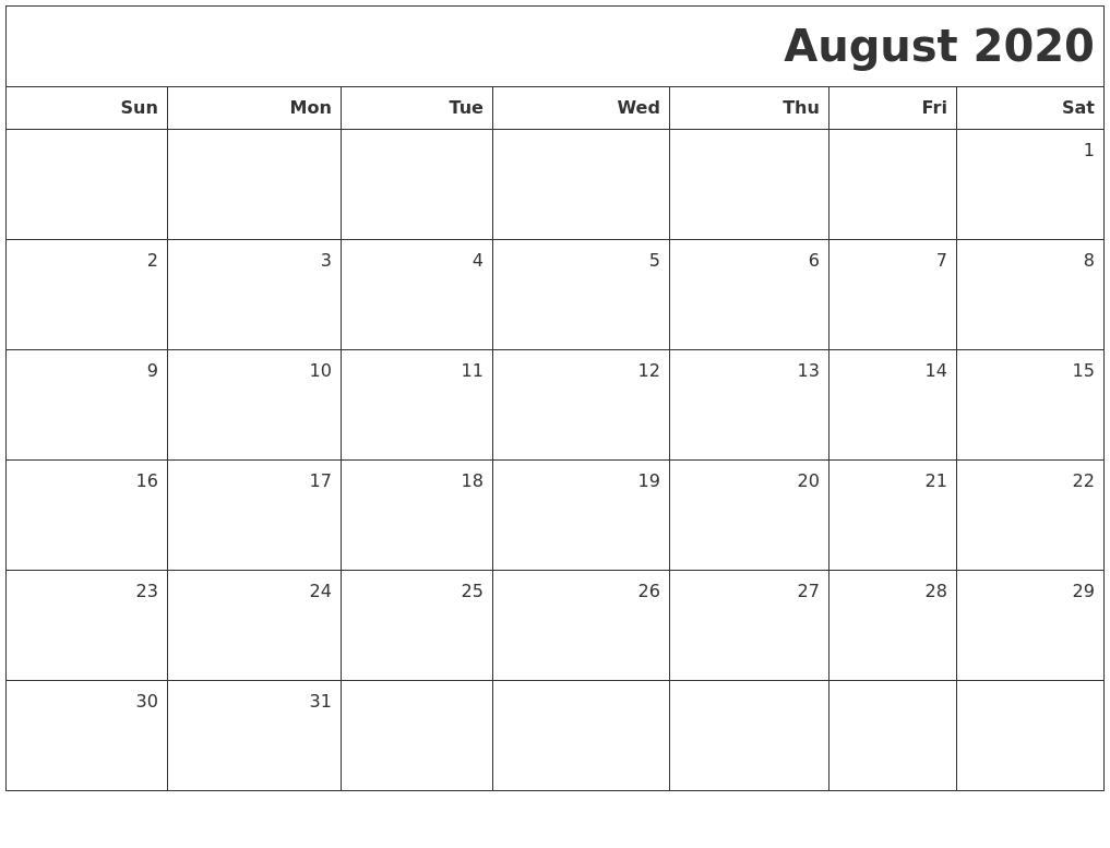 August 2020 printable blank calendar