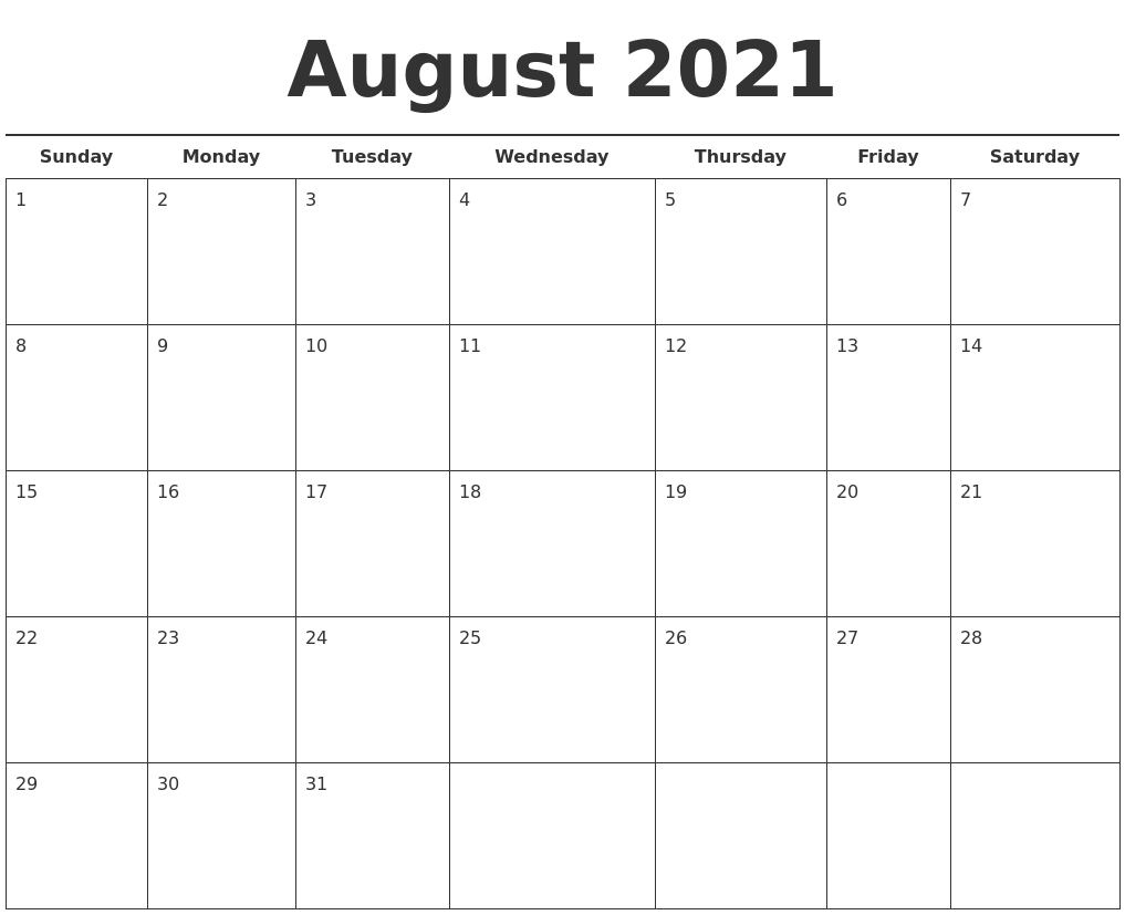 August 2021 Free Calendar Template