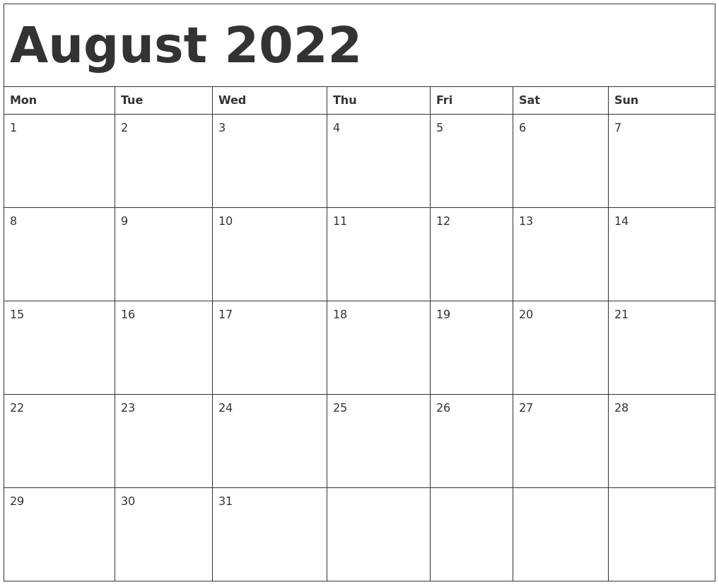 August 2022 Calendar Template