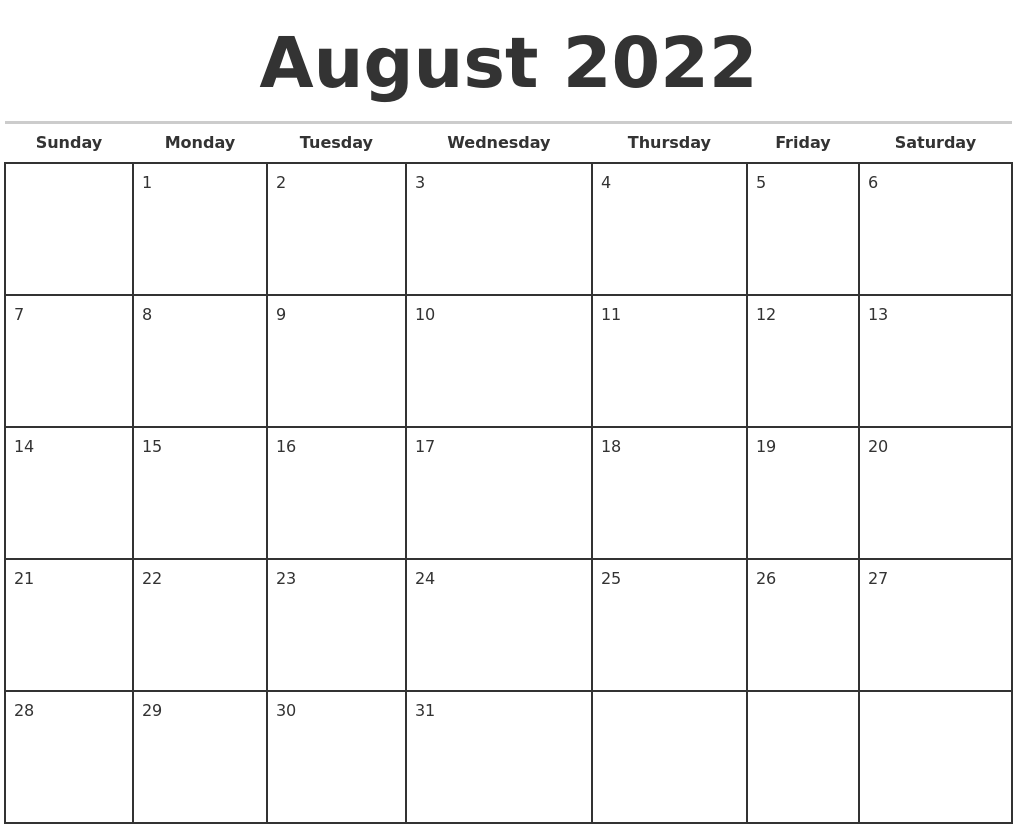 August 2022 Monthly Calendar Template
