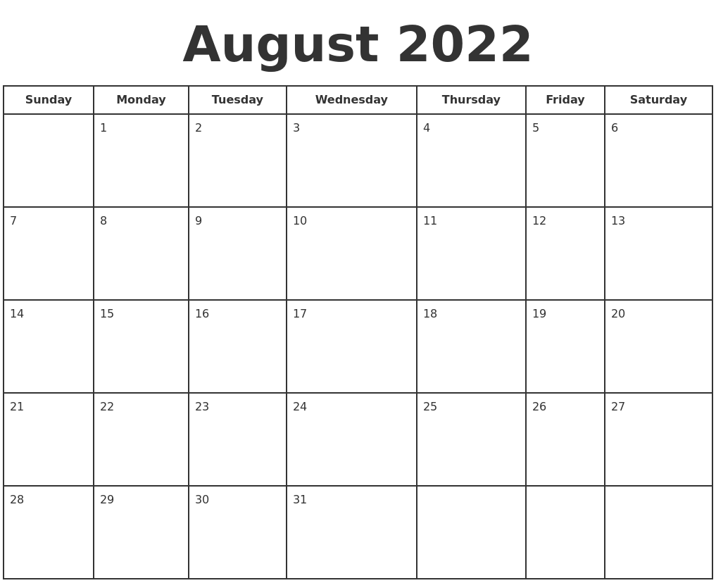 August 2022 print a calendar