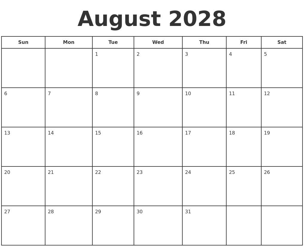 August 2028 Print A Calendar