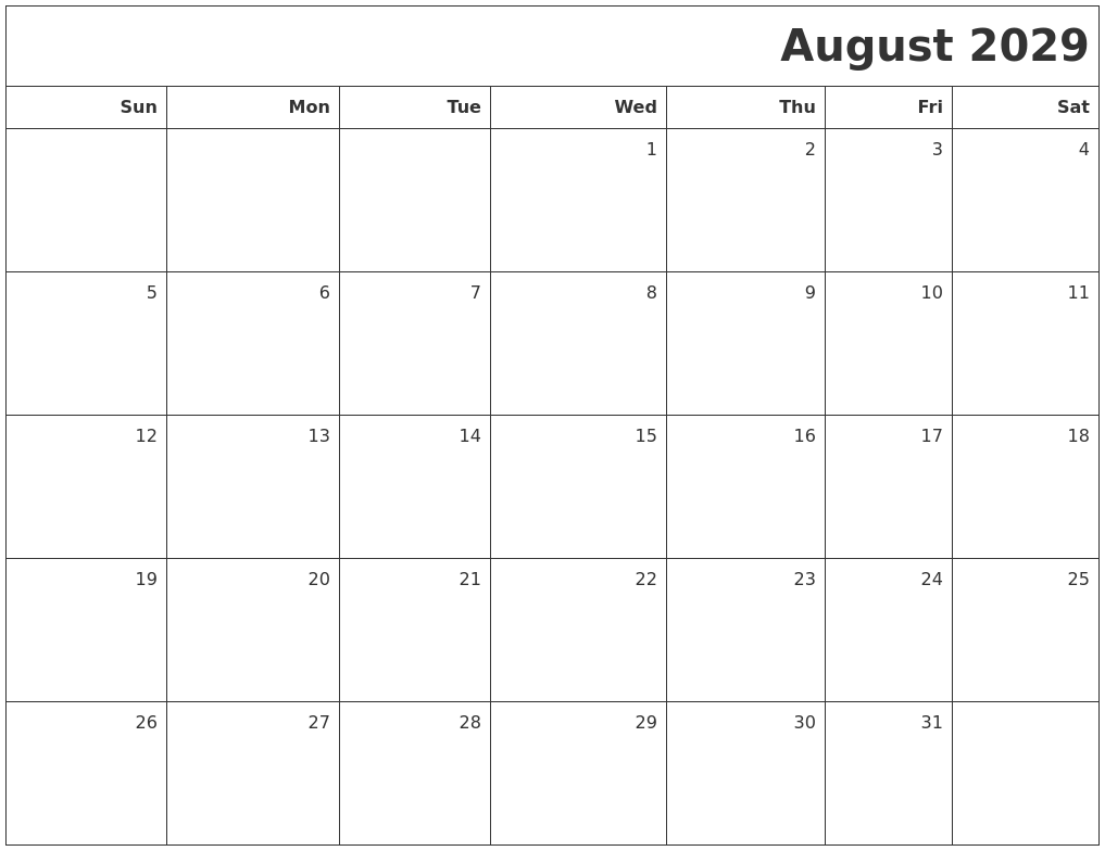 August 2029 Printable Blank Calendar