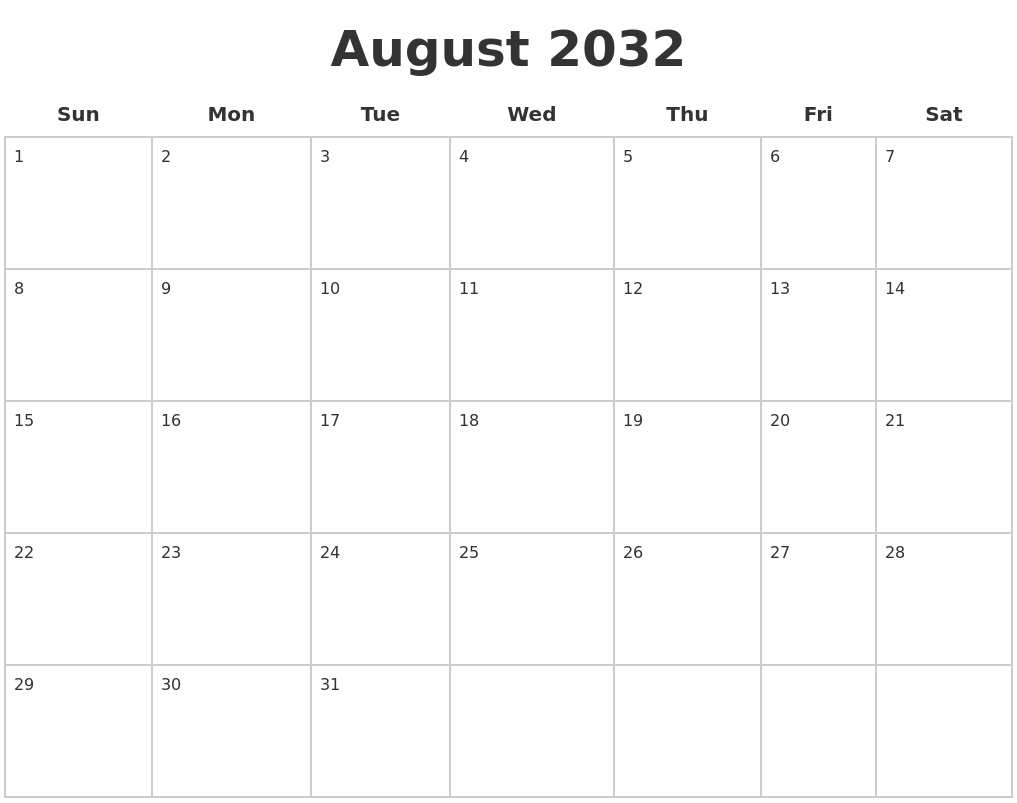 August 2032 Blank Calendar Pages