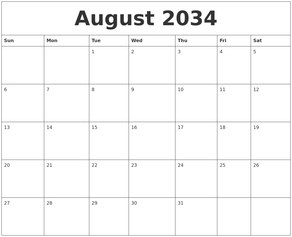 August 2034 Printable Calendar Pdf