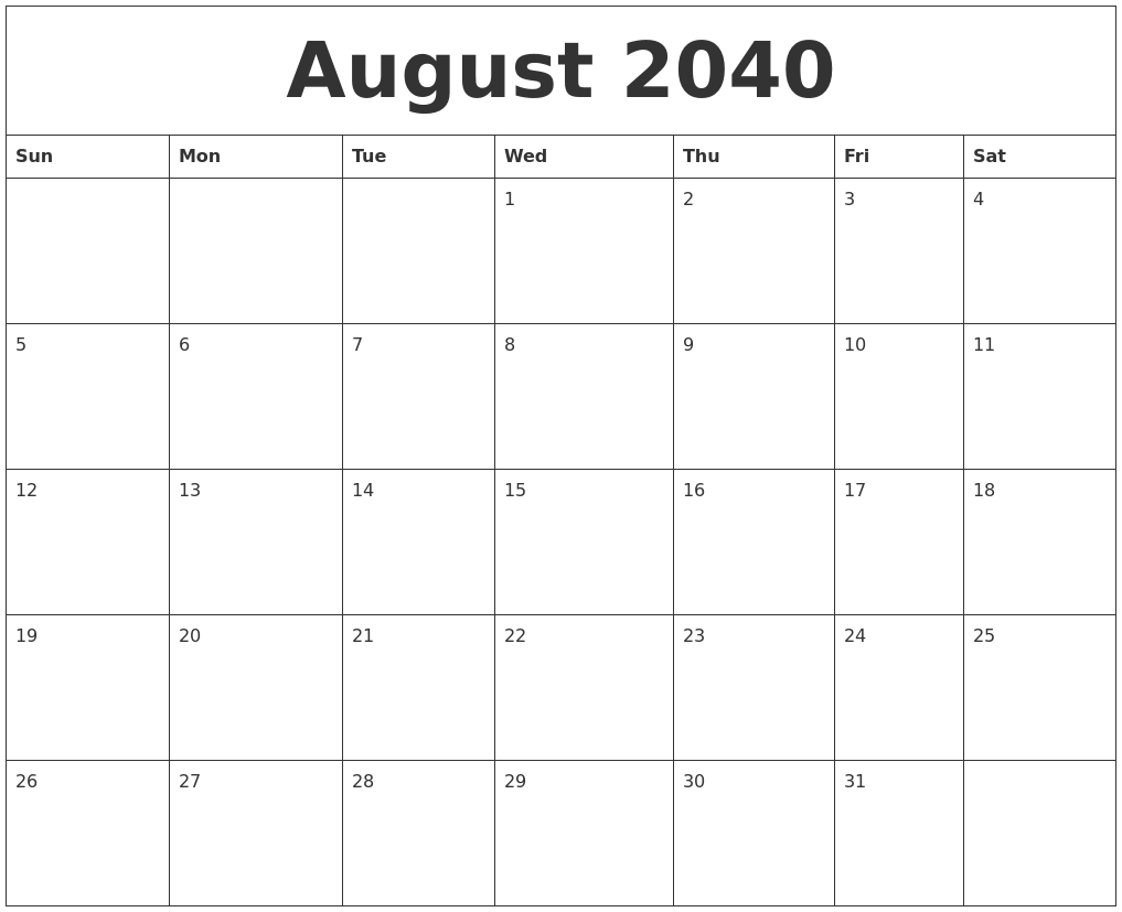 August 2040 Free Printable Weekly Calendar