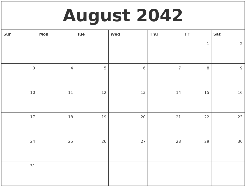 August 2042 Monthly Calendar