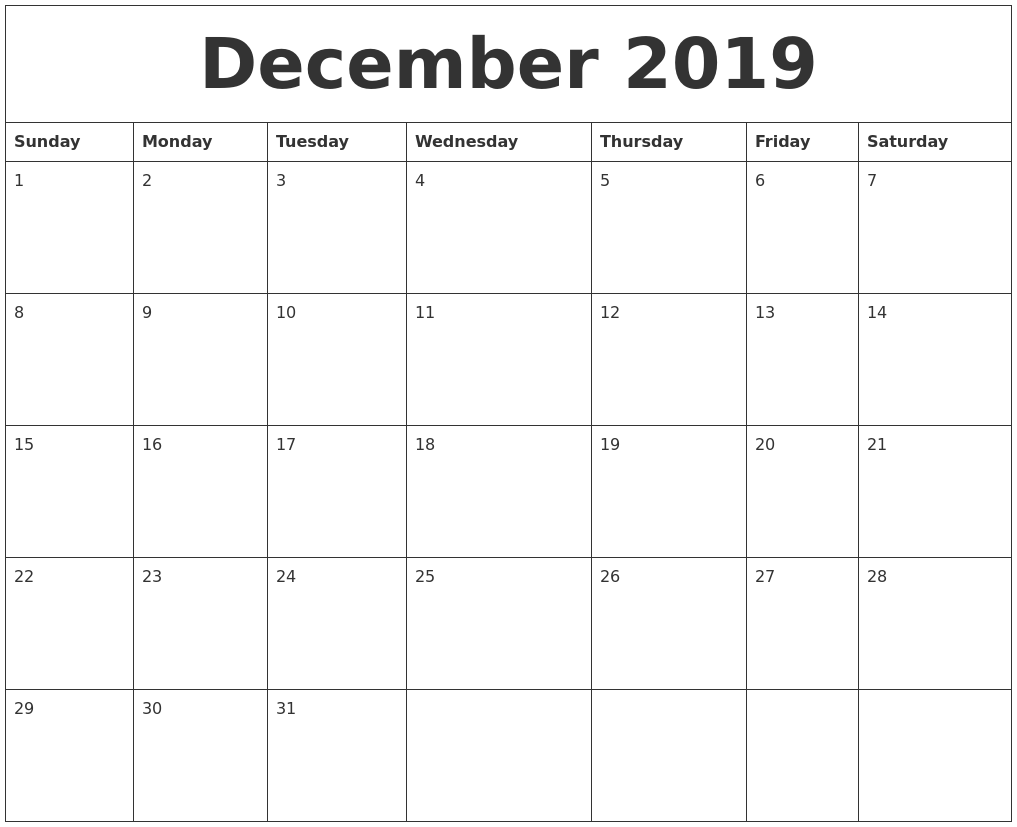 December 2019 Calendar Pages - December 2019 Calendar Pages Full Weekday 