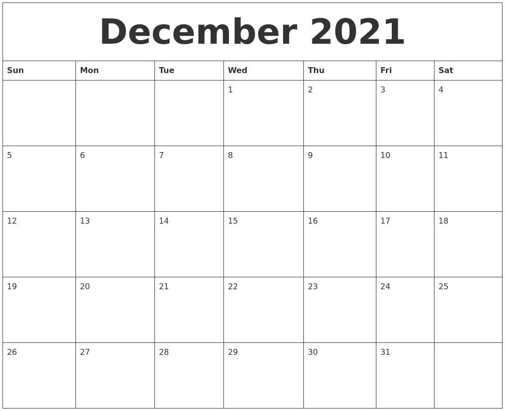 Printable December 2021 Monthly Calendar