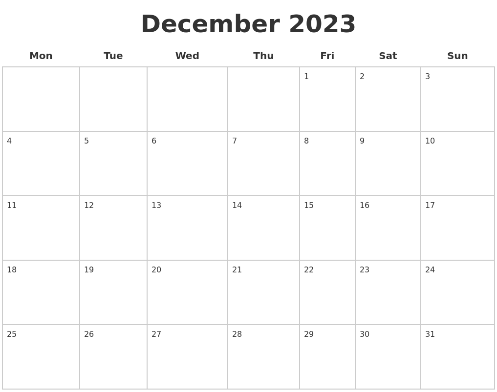 December 2023 blank calendar pages