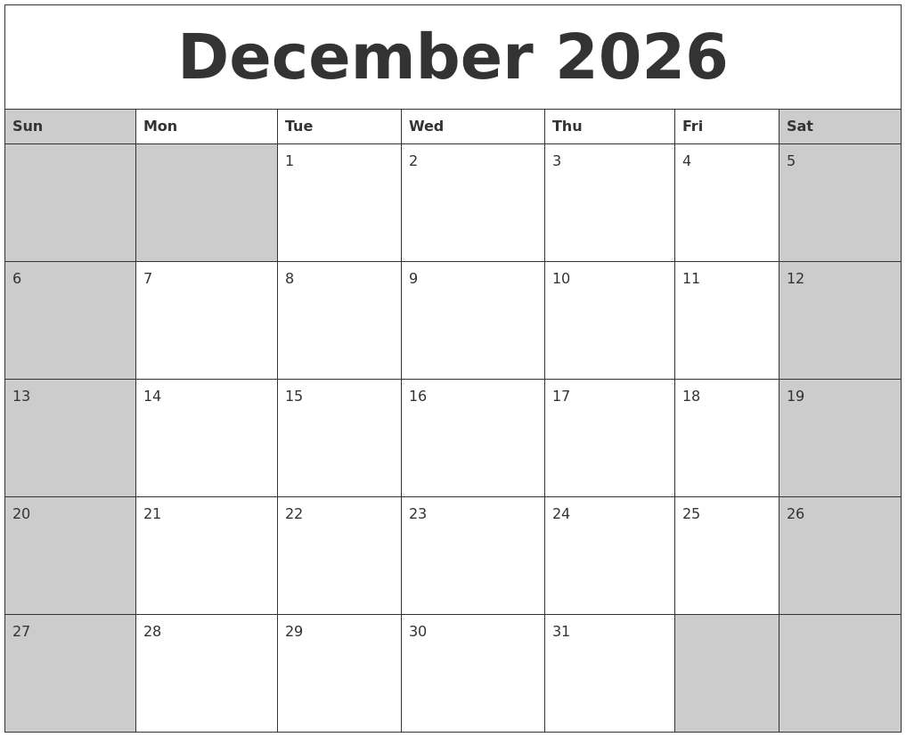 December 2026 Calanders