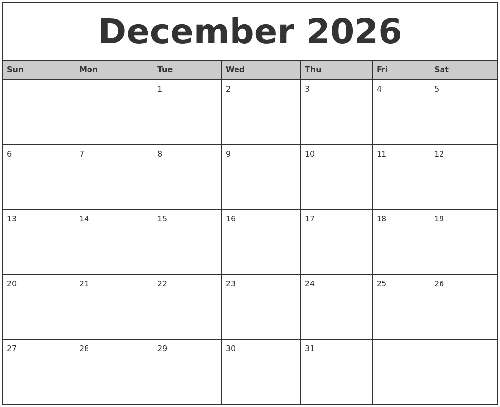 December 2026 Monthly Calendar Printable