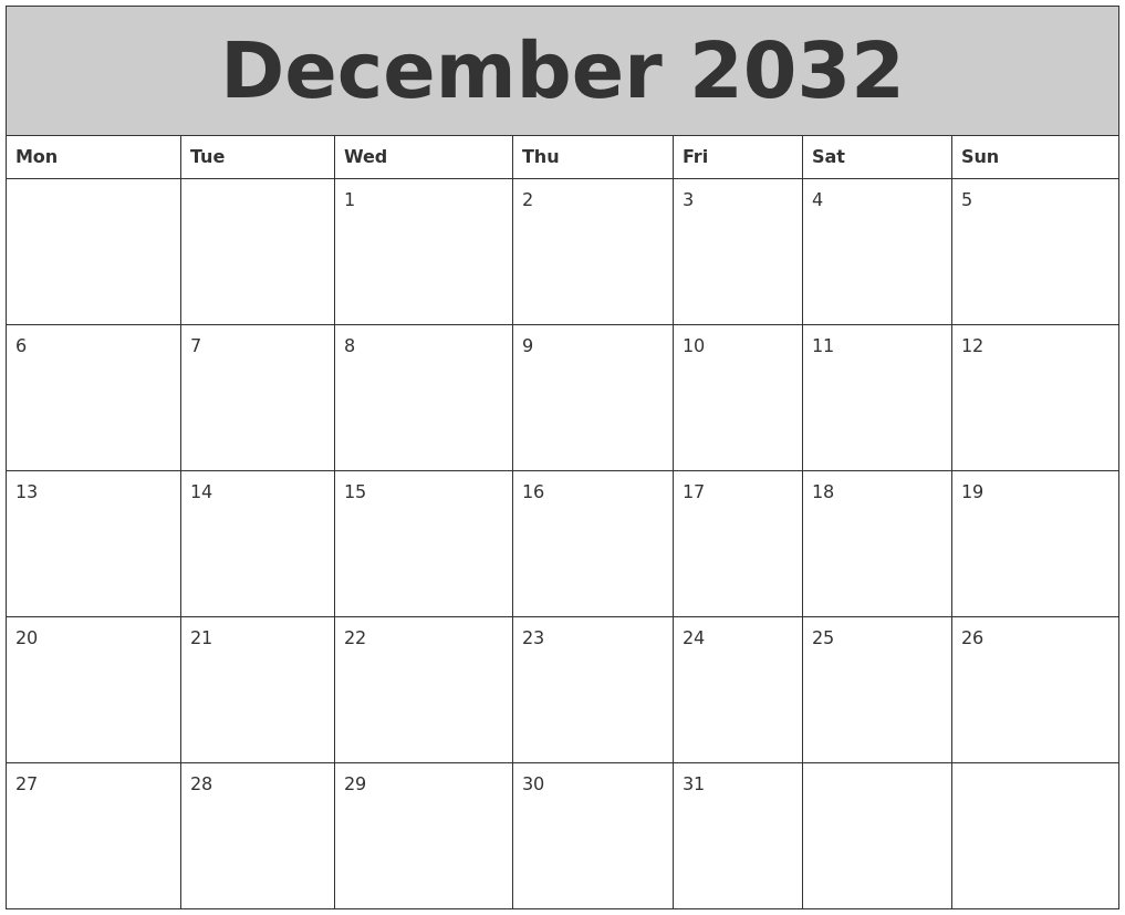 December 2032 My Calendar