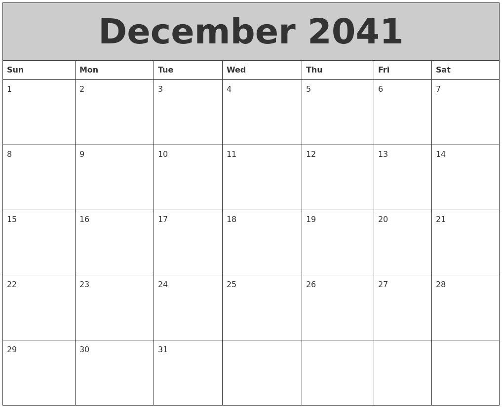 December 2041 My Calendar