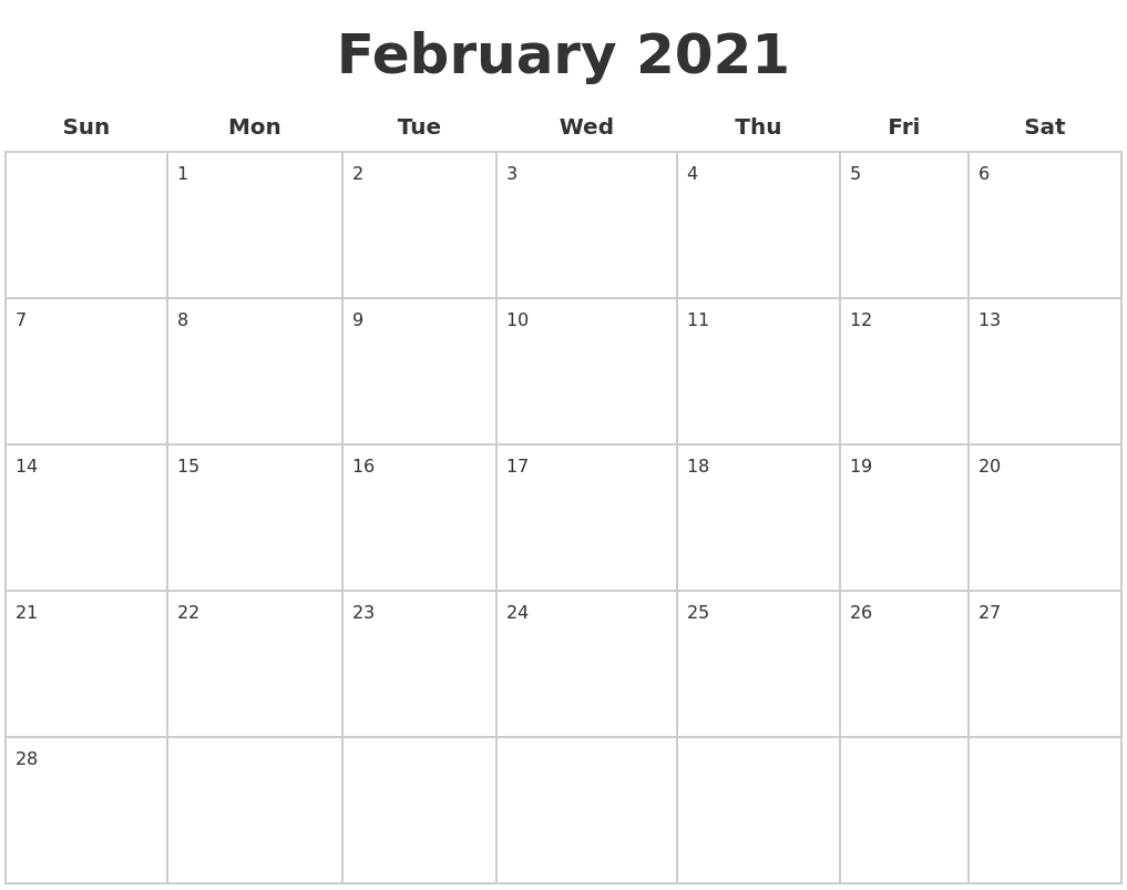 February 2021 blank calendar pages