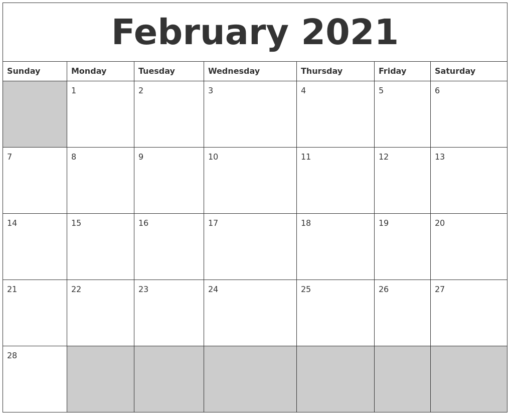 February 2021 Blank Printable Calendar